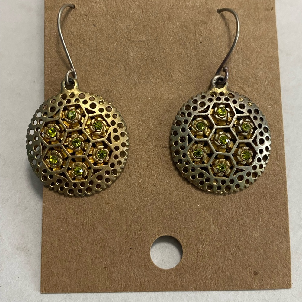 Elegant Gold and‎ Green Honeycomb Earrings